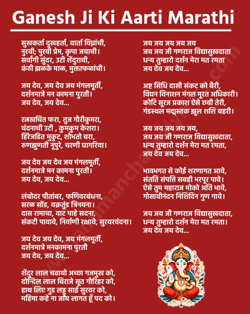 गणेश जीची आरती मराठी
सुखकर्ता दुखहर्ता, वार्ता विघ्नांची,
नुरवी; पुरवी प्रेम, कृपा जयाची।
सर्वांगी सुंदर, उटी शेंदुराची,
कंठी झळके माळ, मुक्ताफळांची।
जय देव, जय देव जय मंगलमूर्ती,
दर्शनमात्रे मन कामना पुरती।
जय देव, जय देव...
रत्नखचित फरा, तुज गौरीकुमरा,
चंदनाची उटी , कुमकुम केशरा।
हिरेजडित मुकुट, शोभतो बरा,
रुणझुणती नूपुरे, चरणी घागरिया।
जय देव जय देव जय मंगलमूर्ती,
दर्शनमात्रे मन कामना पुरती।
जय देव, जय देव...
लंबोदर पीतांबर, फणिवरबंधना,
सरळ सोंड, वक्रतुंड त्रिनयना।
दास रामाचा, वाट पाहे सदना,
संकटी पावावे, निर्वाणी रक्षावे, सुरवरवंदना।
जय देव जय देव, जय मंगलमूर्ती,
दर्शनमात्रे मनकामना पुरती
जय देव, जय देव...
शेंदुर लाल चढायो अच्छा गजमुख को,
दोन्दिल लाल बिराजे सूत गौरिहर को,
हाथ लिए गुड लड्डू साई सुरवर को,
महिमा कहे ना जाय लागत हूँ पद को।
जय जय जय जय जय
जय जय जी गणराज विद्यासुखदाता
धन्य तुम्हारो दर्शन मेरा मत रमता
जय देव जय देव...
अष्ट सिधि दासी संकट को बैरी,
विघन विनाशन मंगल मूरत अधिकारी।
कोटि सूरज प्रकाश ऐसे छबी तेरी,
गंडस्थल मद्मस्तक झूल शशि बहरी।
जय जय जय जय जय,
जय जय जी गणराज विद्यासुखदाता,
धन्य तुम्हारो दर्शन मेरा मत रमता,
जय देव जय देव...
भावभगत से कोई शरणागत आवे,
संतति संपत्ति सबही भरपूर पावे।
ऐसे तुम महाराज मोको अति भावे,
गोसावीनंदन निशिदिन गुण गावे।
जय जय जी गणराज विद्यासुखदाता,
धन्य तुम्हारो दर्शन मेरा मत रमता।
जय देव जय देव...