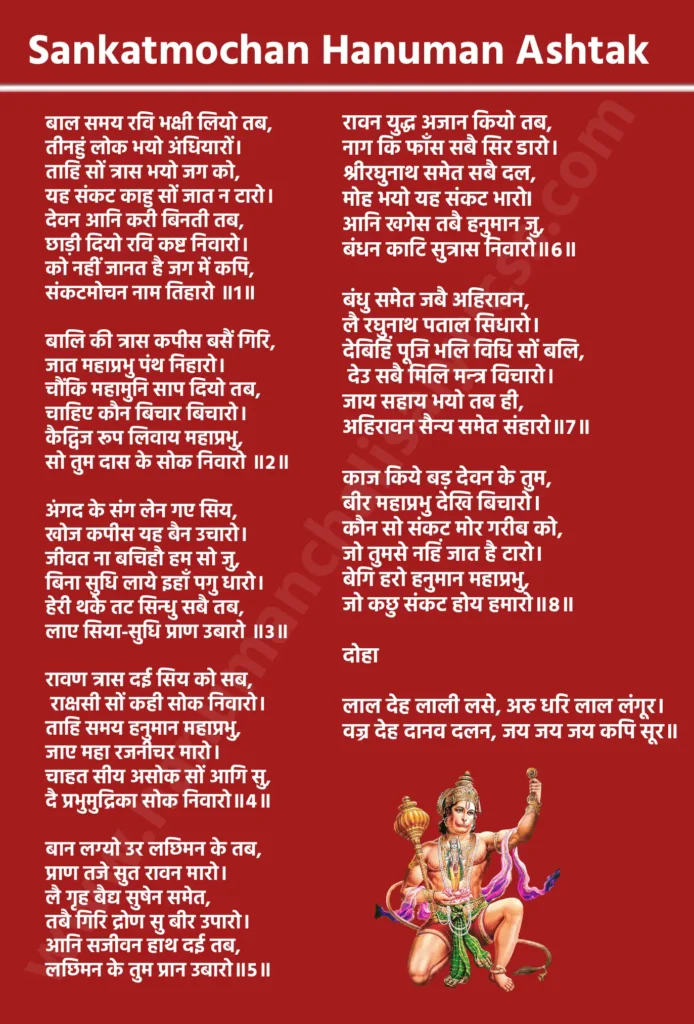 संकटमोचन हनुमान अष्टक

बाल समय रवि भक्षी लियो तब, 
तीनहुं लोक भयो अंधियारों।
ताहि सों त्रास भयो जग को, 
यह संकट काहु सों जात न टारो।
देवन आनि करी बिनती तब, 
छाड़ी दियो रवि कष्ट निवारो।
को नहीं जानत है जग में कपि, 
संकटमोचन नाम तिहारो ॥1॥

बालि की त्रास कपीस बसैं गिरि, 
जात महाप्रभु पंथ निहारो।
चौंकि महामुनि साप दियो तब, 
चाहिए कौन बिचार बिचारो।
कैद्विज रूप लिवाय महाप्रभु, 
सो तुम दास के सोक निवारो ॥2॥

अंगद के संग लेन गए सिय, 
खोज कपीस यह बैन उचारो।
जीवत ना बचिहौ हम सो जु, 
बिना सुधि लाये इहाँ पगु धारो।
हेरी थके तट सिन्धु सबै तब, 
लाए सिया-सुधि प्राण उबारो ॥3॥

रावण त्रास दई सिय को सब,
 राक्षसी सों कही सोक निवारो।
ताहि समय हनुमान महाप्रभु, 
जाए महा रजनीचर मारो।
चाहत सीय असोक सों आगि सु, 
दै प्रभुमुद्रिका सोक निवारो॥4॥

बान लग्यो उर लछिमन के तब, 
प्राण तजे सुत रावन मारो।
लै गृह बैद्य सुषेन समेत, 
तबै गिरि द्रोण सु बीर उपारो।
आनि सजीवन हाथ दई तब, 
लछिमन के तुम प्रान उबारो॥5॥

रावन युद्ध अजान कियो तब, 
नाग कि फाँस सबै सिर डारो।
श्रीरघुनाथ समेत सबै दल, 
मोह भयो यह संकट भारोI
आनि खगेस तबै हनुमान जु, 
बंधन काटि सुत्रास निवारो॥6॥

बंधु समेत जबै अहिरावन, 
लै रघुनाथ पताल सिधारो।
देबिहिं पूजि भलि विधि सों बलि,
 देउ सबै मिलि मन्त्र विचारो।
जाय सहाय भयो तब ही, 
अहिरावन सैन्य समेत संहारो॥7॥

काज किये बड़ देवन के तुम, 
बीर महाप्रभु देखि बिचारो।
कौन सो संकट मोर गरीब को, 
जो तुमसे नहिं जात है टारो।
बेगि हरो हनुमान महाप्रभु, 
जो कछु संकट होय हमारो॥8॥

दोहा

लाल देह लाली लसे, अरु धरि लाल लंगूर। 
वज्र देह दानव दलन, जय जय जय कपि सूर॥