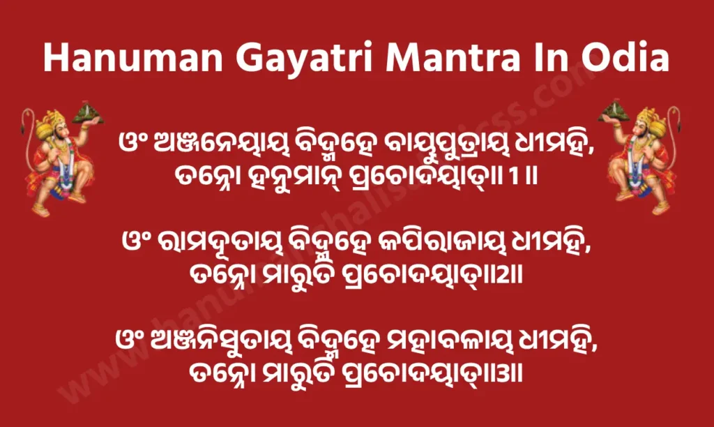 ହନୁମାନ ଗାୟତ୍ରୀ ମନ୍ତ୍ର ଇନ ଓଡ଼ିଆ

ଓଂ ଅଞ୍ଜନେୟାୟ ବିଦ୍ମହେ ବାୟୁପୁତ୍ରାୟ ଧୀମହି,
ତନ୍ନୋ ହନୁମାନ୍ ପ୍ରଚୋଦୟାତ୍॥2॥

ଅର୍ଥ: ଆମେ ଅଞ୍ଜନାଙ୍କ ପୁଅ ଅଞ୍ଜନେୟ ଓ ବାୟୁଦେବଙ୍କ ପୁଅ ବାୟୁପୁତ୍ରଙ୍କୁ ଧ୍ୟାନ କରୁଛୁ। ପବନପୁତ୍ର ହନୁମାନ ଆମ ଚିନ୍ତାକୁ ପ୍ରେରିତ କରନ୍ତୁ ଏବଂ ଆମକୁ ଶକ୍ତି, ସାହସ ଓ ବୁଦ୍ଧି ଦିଅନ୍ତୁ।

ଓଂ ରାମଦୂତାୟ ବିଦ୍ମହେ କପିରାଜାୟ ଧୀମହି,
ତନ୍ନୋ ମାରୁତି ପ୍ରଚୋଦୟାତ୍॥2॥

ଅର୍ଥ: ଆମେ ପ୍ରଭୁ ରାମଙ୍କ ଦୂତ ଏବଂ ବାନରମାନଙ୍କ ରାଜା କପିରାଜଙ୍କୁ ଧ୍ୟାନ କରୁଛୁ। ମାରୁତି ଦେବ ଆମ ମନକୁ ଜ୍ଞାନ ଓ ଭକ୍ତିର ପଥରେ ପ୍ରେରିତ କରନ୍ତୁ।

ଓଂ ଅଞ୍ଜନିସୁତାୟ ବିଦ୍ମହେ ମହାବଳାୟ ଧୀମହି,
ତନ୍ନୋ ମାରୁତି ପ୍ରଚୋଦୟାତ୍॥3॥

ଅର୍ଥ: ଆମେ ଅଞ୍ଜନାଙ୍କ ପୁଅ ଅଞ୍ଜନିସୁତ ଏବଂ ଅପାର ଶକ୍ତି ଓ ପାରାକ୍ରମର ଧାରୀ ମହାବଳଙ୍କୁ ଧ୍ୟାନ କରୁଛୁ। ପବନପୁତ୍ର ମାରୁତି ଆମ ମନୋବଳକୁ ଜାଗ୍ରୁତ କରନ୍ତୁ ଏବଂ ସଫଳତା ଓ ଆଧ୍ୟାତ୍ମିକ ଉନ୍ନତିର ପଥରେ ନେଇଯାଉନ୍ତୁ।